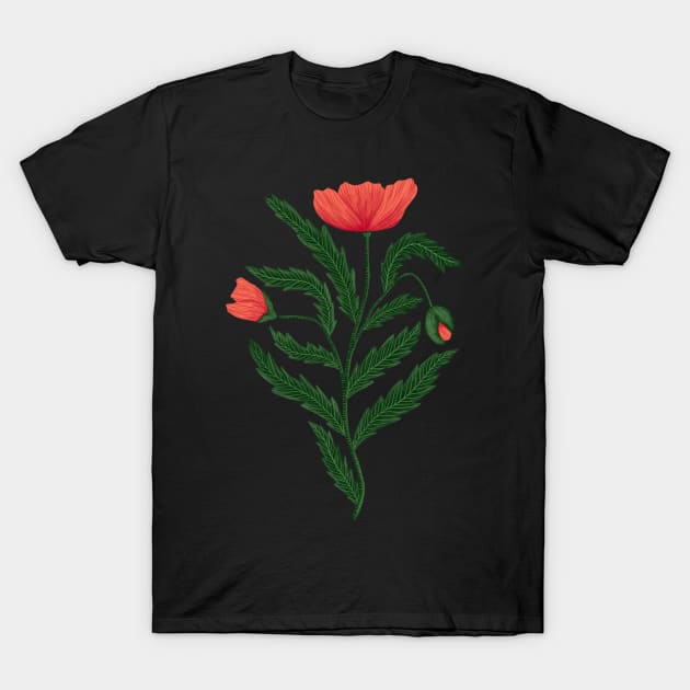 Poppy Flower 1 Green Red T-Shirt by DenesAnnaDesign